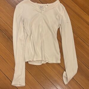 GAP Women's Off-White Long Sleeve Henley Ribbed Top